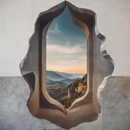the view of a mountain range through an arch in an adobe wall