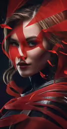 a woman in black and red with feathers around her face
