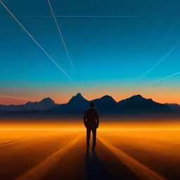a man in the distance walking in an empty desert
