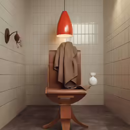 a brown chair that is on a wooden table