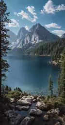 a view of a rocky lake in the mountains
