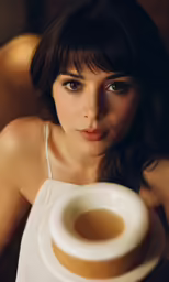 a young woman holding a white bowl in her hand