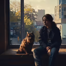 there is a man sitting by a window with a dog
