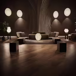 a modern style living room with couches and lamps