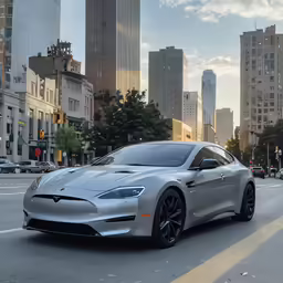 a silver electric car is driving down the street