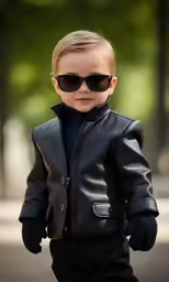 a little boy wearing a black leather jacket and sunglasses