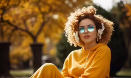 woman in glasses sitting on bench with park in the background