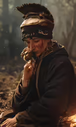 a man sitting on the ground eating something