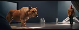 a man walking next to an brown dog