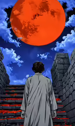 an anime character staring at a moon and stairs