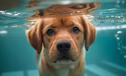 dog looks at the camera while swimming in water