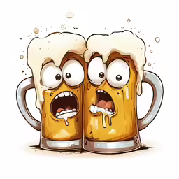 two mugs of beer are with faces and the faces are very evil