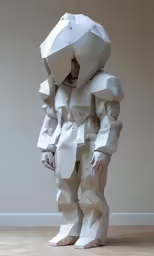 an odd looking white sculpture standing on wooden floor