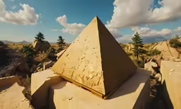 pyramids sitting on rocks with forest and sky in the background