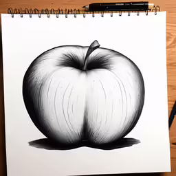 a drawing of an apple on a wood table