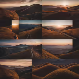 a series of photos depicting hills with the sun in the background