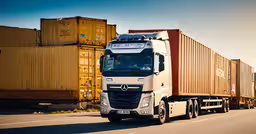 an old - fashioned semi truck with trailers travels down the road,a semi truck drives past an orange trailer