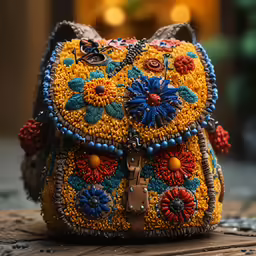 a yellow and multicolored cat - themed purse is on the ground