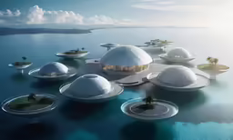 a futuristic ocean resort that includes a variety of platforms