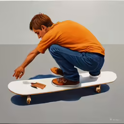 a boy kneeling down on a skateboard, looking down at something