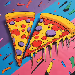 two slices of pizza have been painted onto a colorful background