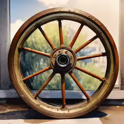 this is a wheel sitting on a floor,an old wheel is placed next to a large window