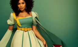 a woman in a green and yellow dress is posing for a photo