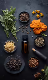 three round plates with flowers and nuts, one has a jar full of oil on it, another is filled with nuts and herbs