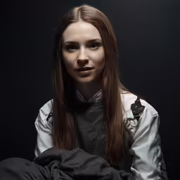 a young woman posing for a photograph while wearing black and white