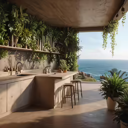 an outdoor kitchen with greenery hanging over the counter