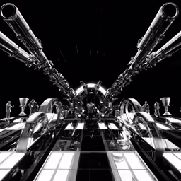 black and white image with several large tubes