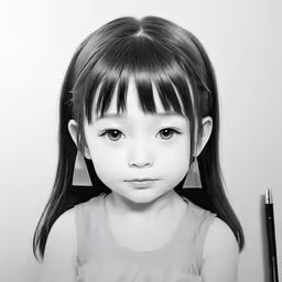 a young girl poses for a photograph while holding a pen in front of her