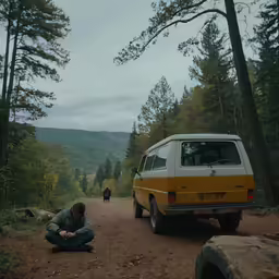 a person sitting on the ground next to a van