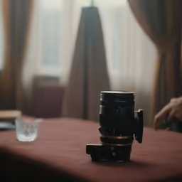 a large camera lens sits on a table near glasses