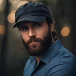 a man in a hat looks to the left while wearing a blue shirt and jacket