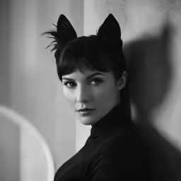 the woman is posing in her black cat ears