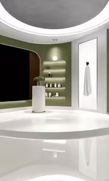 a modern bathroom with lots of lights and accessories