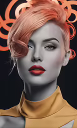 a model with wavy pink hair, black and white background