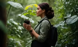 a woman holding a plant and wearing a backpack