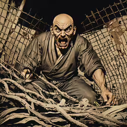 a person with some kind of demon in their hand,the man is sitting in the net in the house