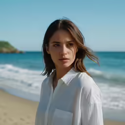 a young woman standing on the beach looking back