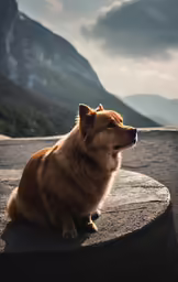 a dog is sitting on top of a large stone object