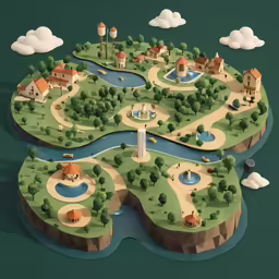 a drawing of a map with a lake and small buildings