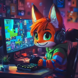 an orange fox wearing headphones working on a computer