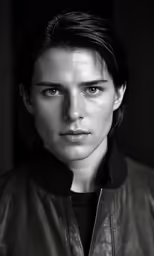 a black and white image of a person wearing a leather jacket