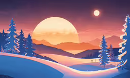 an illustration of a snow covered hill with fir trees,a snowy mountain landscape at night with trees and a sun