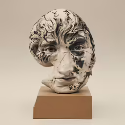 a sculpture of a man with hair on top of a table