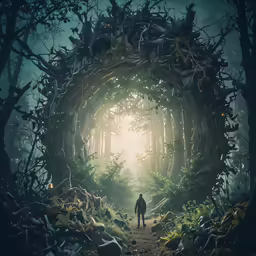 a man in the middle of a dark forest is walking towards the light