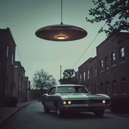 a white car is parked beneath an upside down light