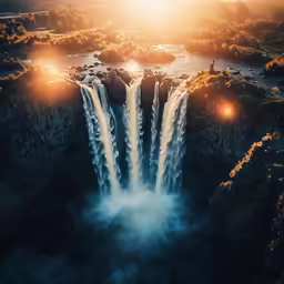 the sun shines over water crashing into a large waterfall